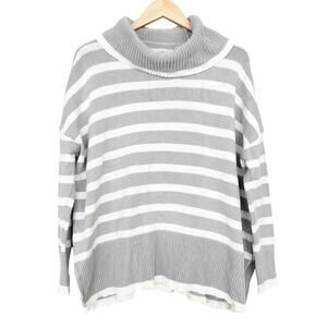 Loft Gray White Striped Turtleneck Poncho Knit Sweater Sz S